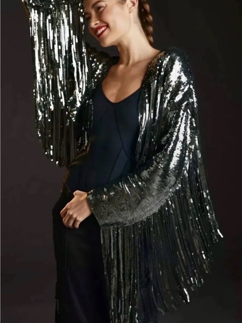 Anthropologie Silver Sequin Fringe Open-Front Jacket